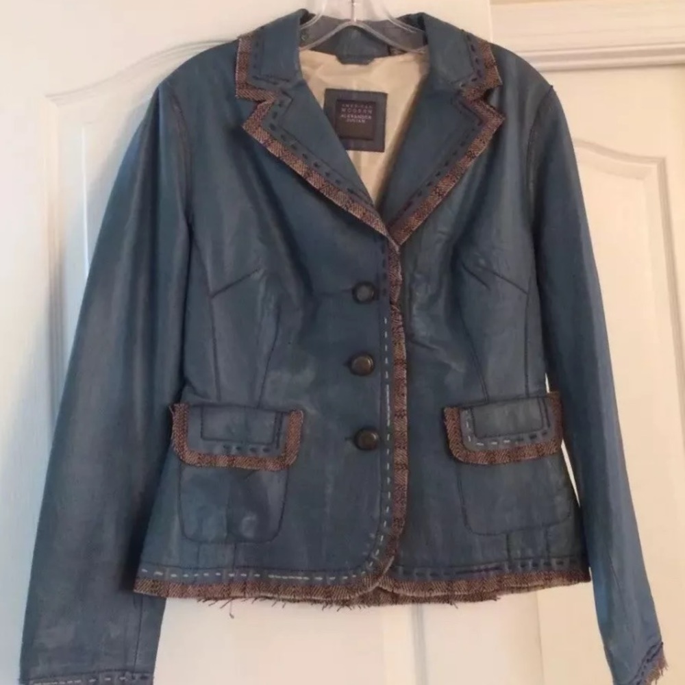 Blue Leather Jacket With Brown Thread Lining Small